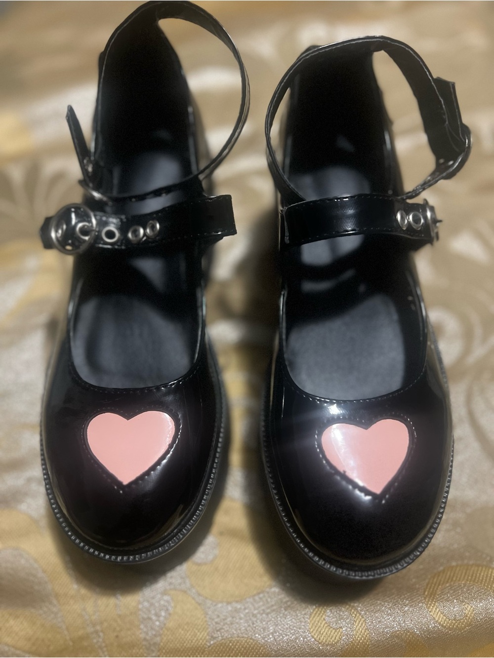 LAMODA Rosey Love Chunky Heart Platform Mary Janes Black Patent Pink US 8.5